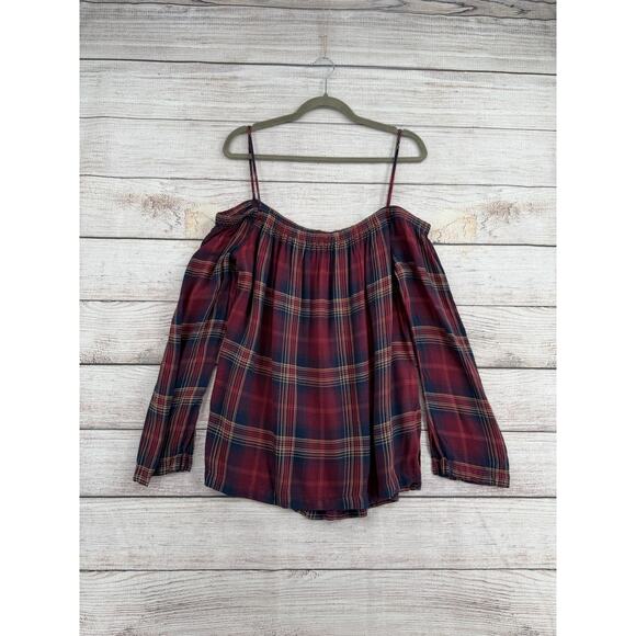 cloth & stone Tops - Cloth & Stone Plaid Off Shoulder Blouse Womens Large Red Purple Tan